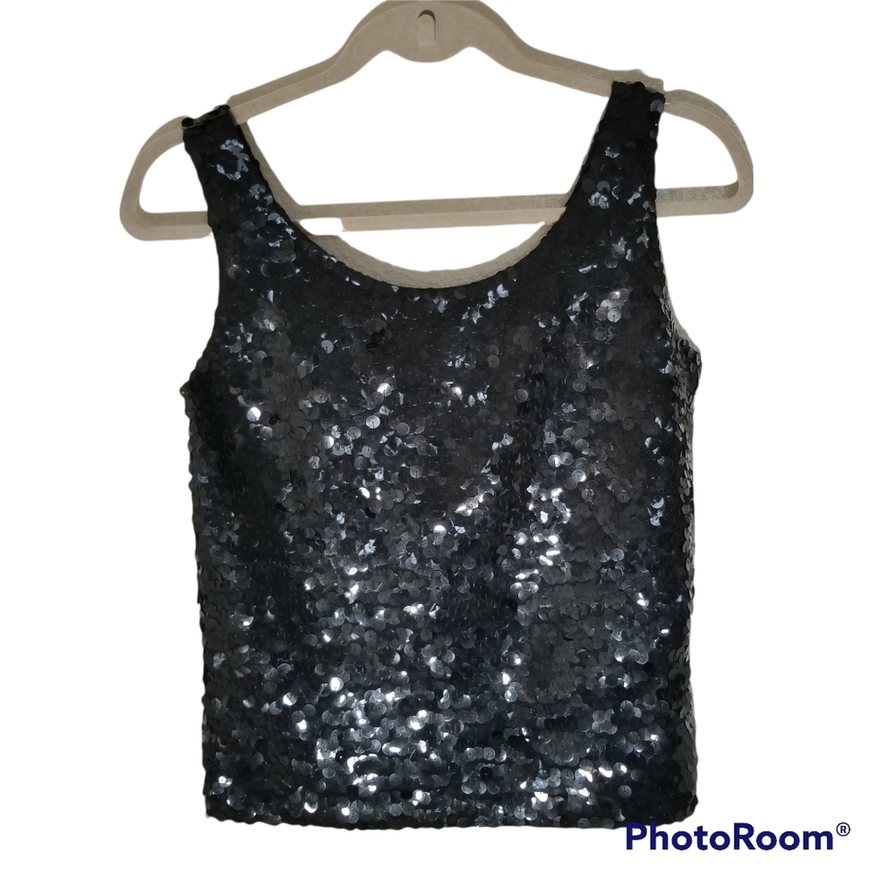 Vintage Sequin Tank Top Sz 36 SMALL 100% Wool Black Laura Ming Hand Decorated